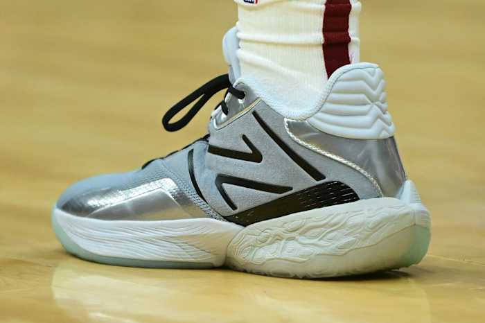 Cleveland Cavaliers guard Darius Garland's silver and black New Balance sneakers.
